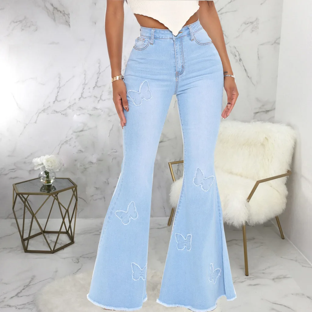 

Butterfly Pattern Flared Jeans Women High Waist Stretch Denim Trousers Casual Flared Pants Office Lady Light Blue Boot Cut Pants