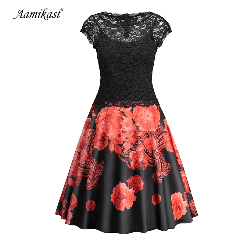 

Summer 1950s Vintage Dresses Summer Patchwork Backless Lace Print Mesh Dress Sleeveless O-neck Retro Elegant Vintage Dress Robe