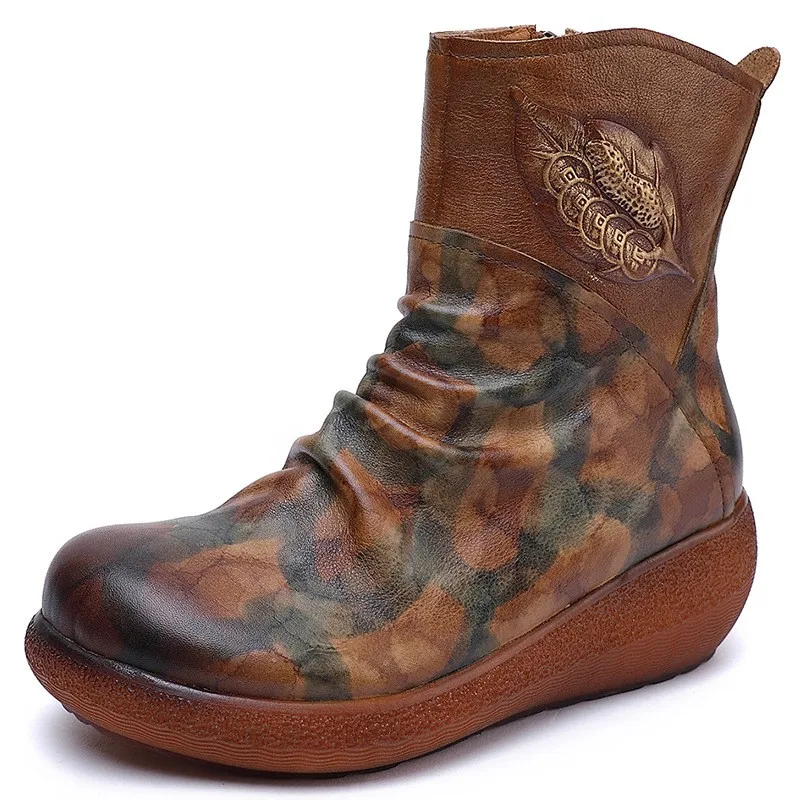 

Floral Genuine Leather Shoes Ankle Women Boots Round Toe Wedges 2021 Spring Handmade Retro Print Sewing Leisure Platform Boots