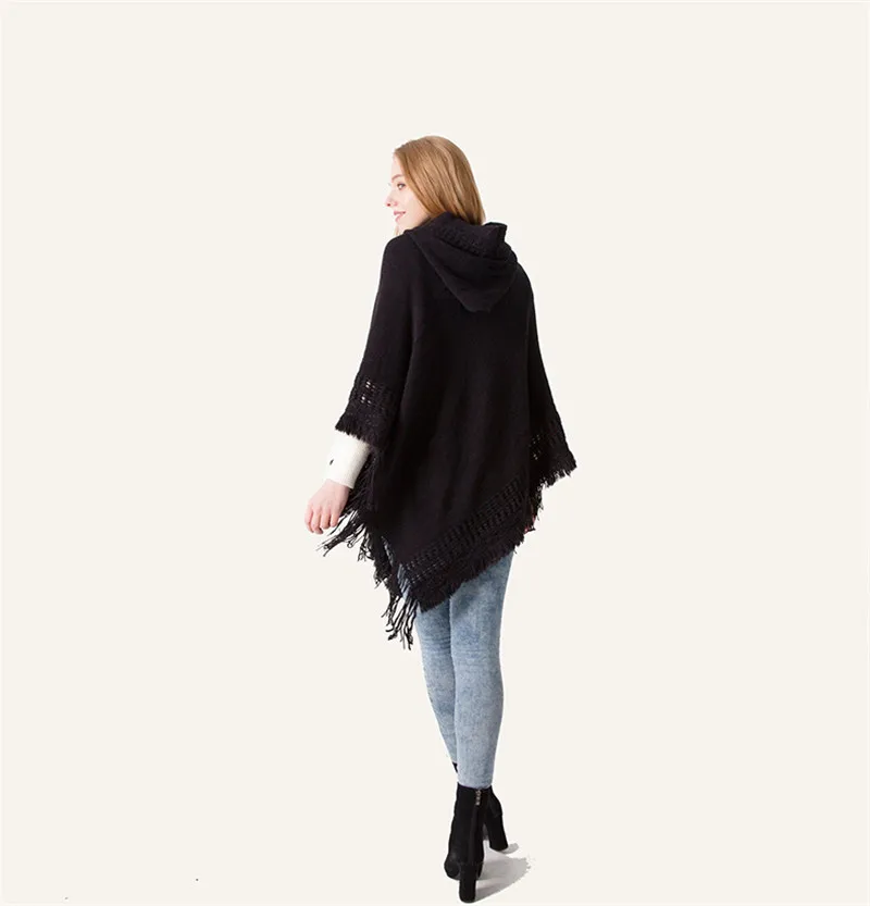 

ISAROSE Fashion Poncho for Women Tassel Knitted Shawl Warm Gift Solid Color Pullover Scarf Autumn Winter Wearing Cardigans Tops