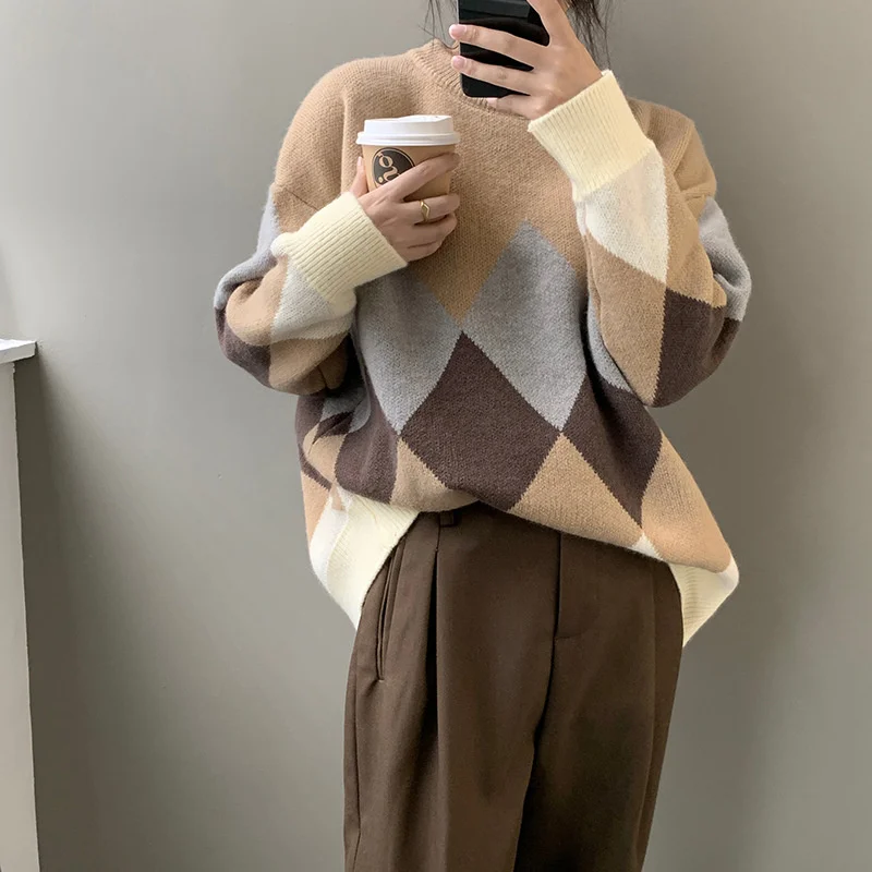 

Женский трикотажный свитер с контрастным графическим принтом, утепленный свободный трикотажный топ для осени и зимы, 2021