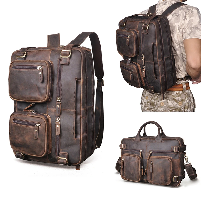 Crazy Horse Leather Men's designer Wine multi-Purpose Backpack Maletin business briefcase 15