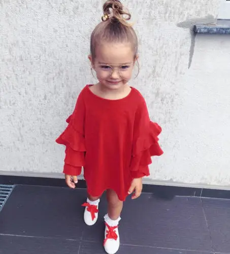 2020 Toddler Kids Baby Girls Summer Autumn Fashion Cassual Ruffle Off Shoulder Long Sleeve Red Cotton Short Dress Clothes | Детская