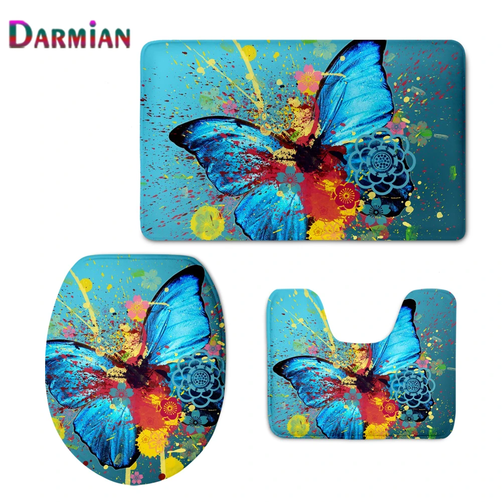 

Decor Bathroom Toilet Seat Cover 3D Blue Butterfly Printing Warmer Soft Closestool Pad Mat Non-slip Floor Rugs Carpets 3Pcs/set