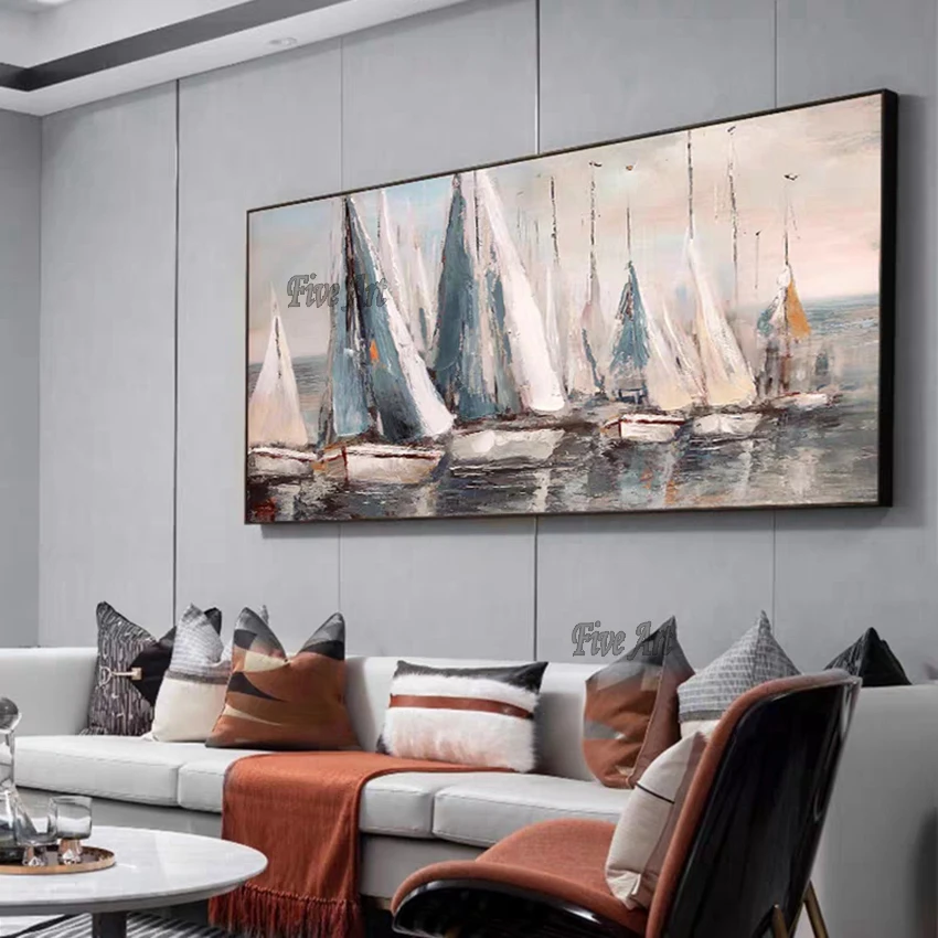 

Handmade High Quality Abstract Handmade Oil Painting on Canvas Sea Side Boat Abstract Oil Painting Canvas Gift Unframed