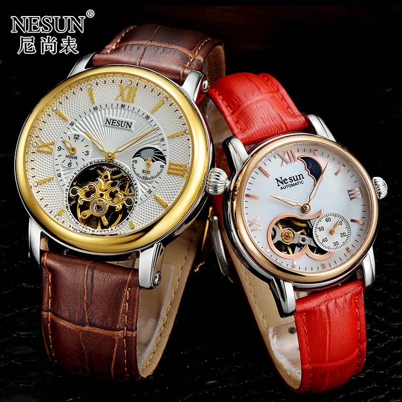 Швейцарские часы Nesun Hollow Tourbillon для мужчин и женщин, роскошные брендовые автоматические механические часы для пар, сапфировые часы N9091L