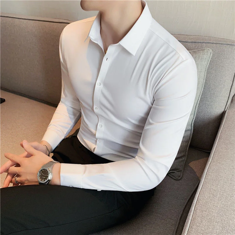 Shirt Men's Long Sleeves Ice Silk Non - Trace Stretch Solid Color Cultivate One's Morality Business Leisure Fashion Sale