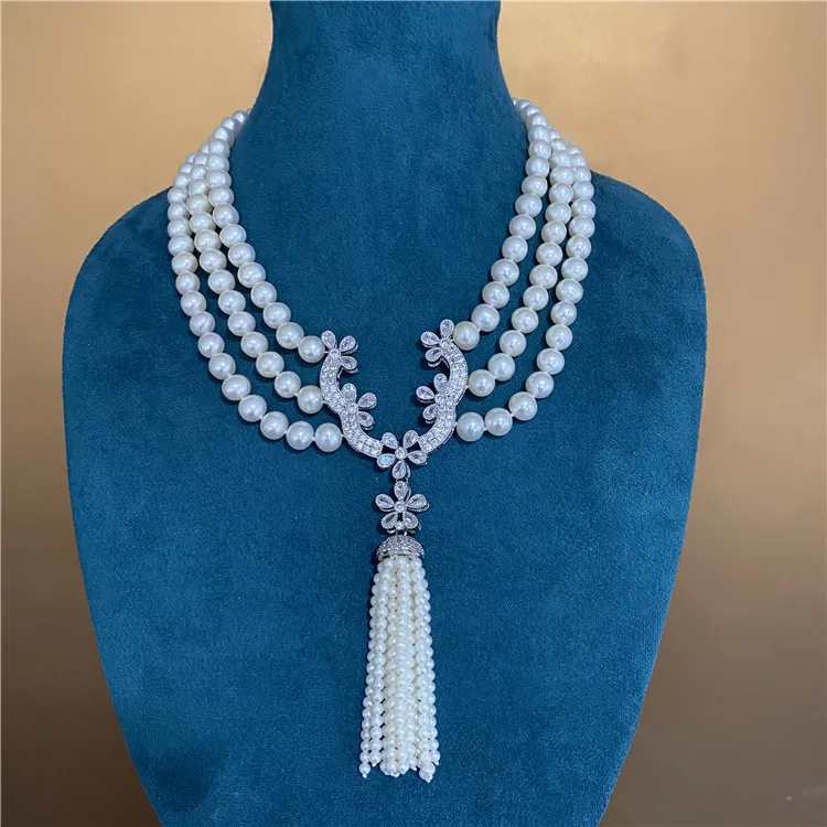 3 Strands Cultured White Similar Round Pearl Necklace Silver Plated CZ Pave Connector Pearl Tassel Pendant For Women