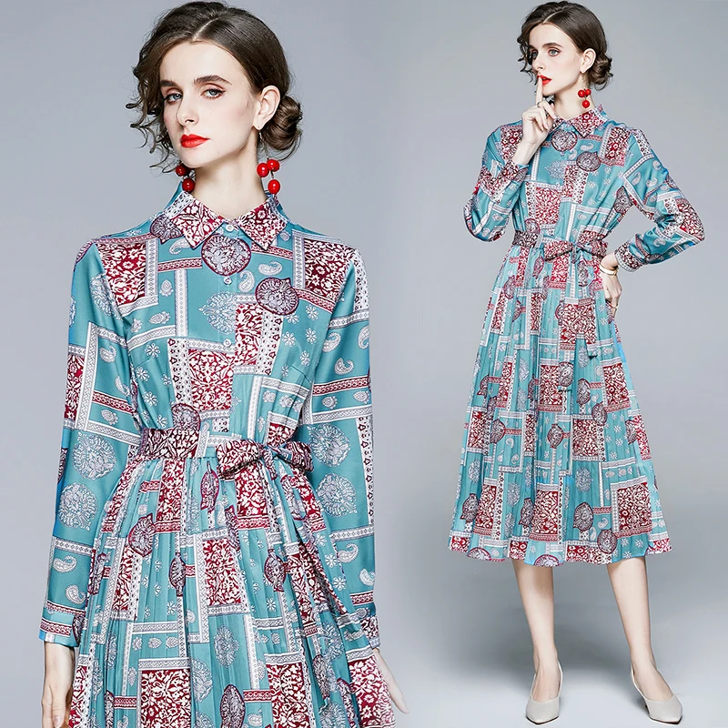 

2021 New Runway Fashion Women Spring Long Sleeve Turn Down Collar Mid Calf Aline Vintage Robe Femme Pleated Party Vestidos