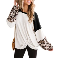 autumn women%e2%80%99s casual long sleeve knitted top fashion leopard stitching o neck t shirt casual loose waffle print pullover tops