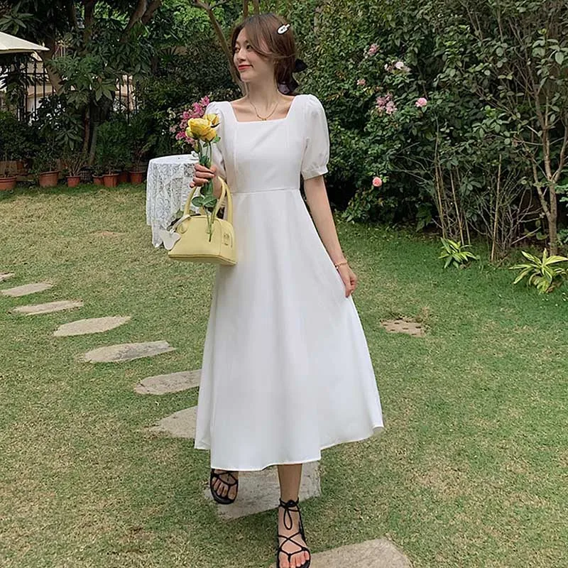 

Korean Fashion Ladies Summer Dress French Vintage Slim Puff Sleeve Elegant Dress 2021 One-Piece Women Office Party Holiday Dress