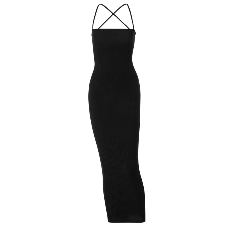 

Lace Up Strap Backless Long Dresses for Women Sexy Off Shoulder Strapless Party Club Halter Bodycon Maxi Dress Black Yuqung
