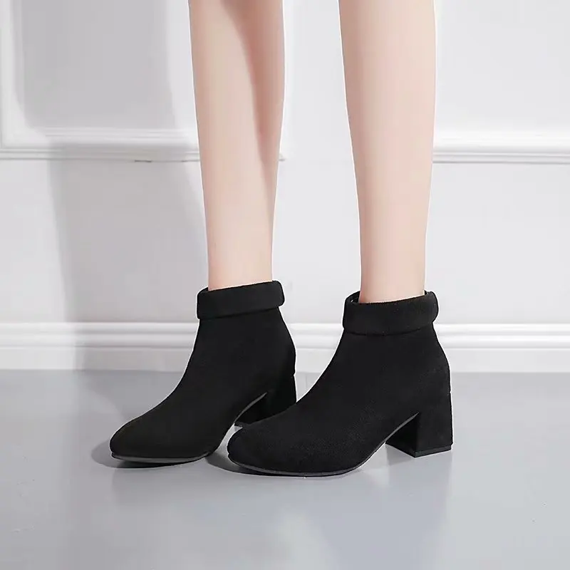 2019 г. Новые Модные осенние ботильоны на высоком каблуке с круглым носком женские