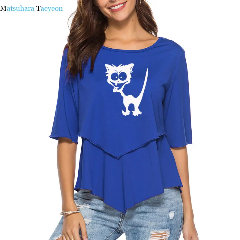 

Summer Tshirt Women Funny Crazy Cat Print Shirts Women Casua Harajuku Cool T Shirt Woman Patchwork Hem T Shirt Woman