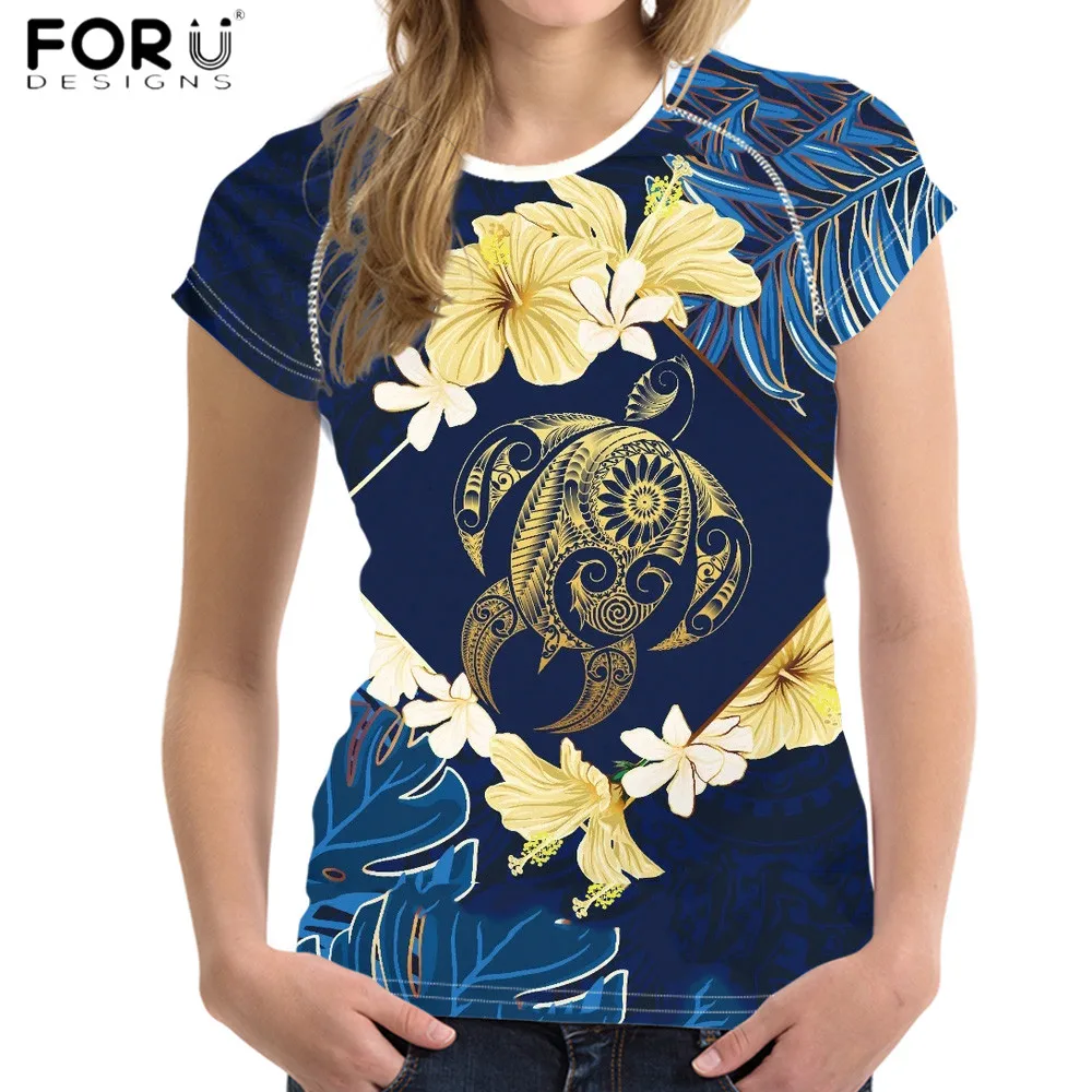 

FORUDESIGNS Fashion Women Summer Short Tops Hawaii Polynesian Tribal Turtle Hibiscus Printing Female Sleeved T Shirts Ropa Mujer