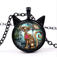 constellations vintage pendant necklace bohemia art glass cabochon jewelry moon mechanical cat pendant necklace for women men