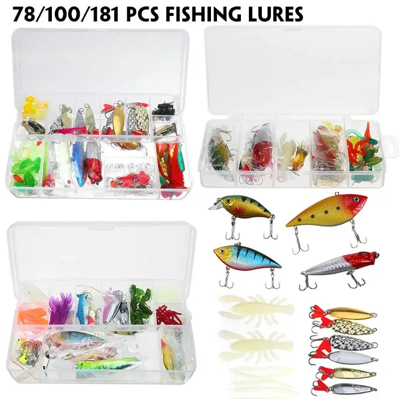

181/100/78pcs Multi Fishing Lures Set Wobblers Mixed Colors Soft Lure Artificial Hard Bait Minnow Metal Jig Spoon Fishing Tackle