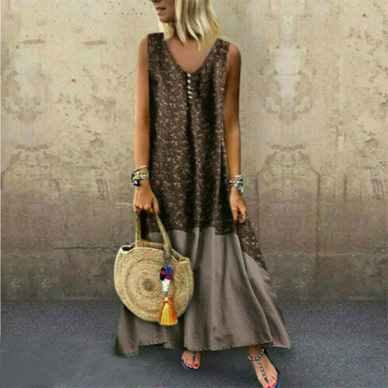 Платье женское длинное в стиле ретро хлопково-льняное свободное Макси-платье