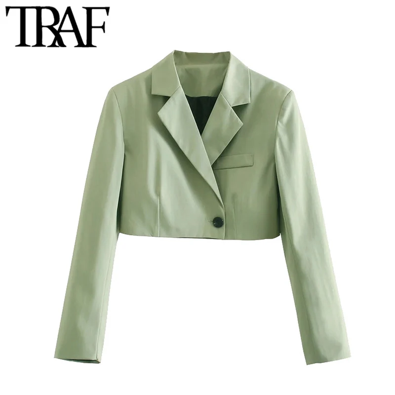 

Женский укороченный пиджак на одной пуговице TRAF, винтажный пиджак с длинным рукавом и прорезными карманами, верхняя одежда
