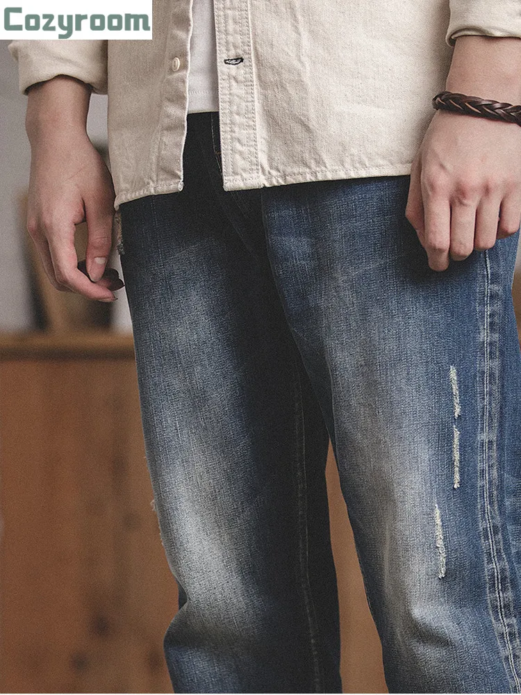 

2021AW Japanese Tooling Casual Nine-point Washed Red Ear Jeans Amekaji Distressed Straight Leg Pants Men