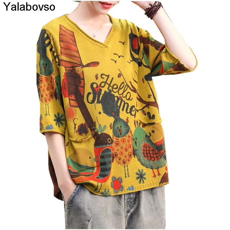 

Half-sleeve Sweater V Neck Knitted Summer Top Vintage Ruched Women's Loose Large Tees Cartoon Printed Cotton Tees And Pullovers
