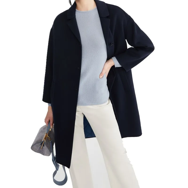 

2019 New Winter Women Slim With Cotton Long Wool Blends Coat Solid Deep Navy Jacket Warm Thick Office Work Lady Coats Outerwear