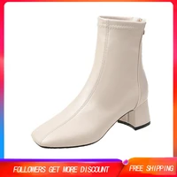 women shoes fashion leather rubber sole mid heel zipper square toe ankle boots martin motorcycle chelsea boots zapatos mujer