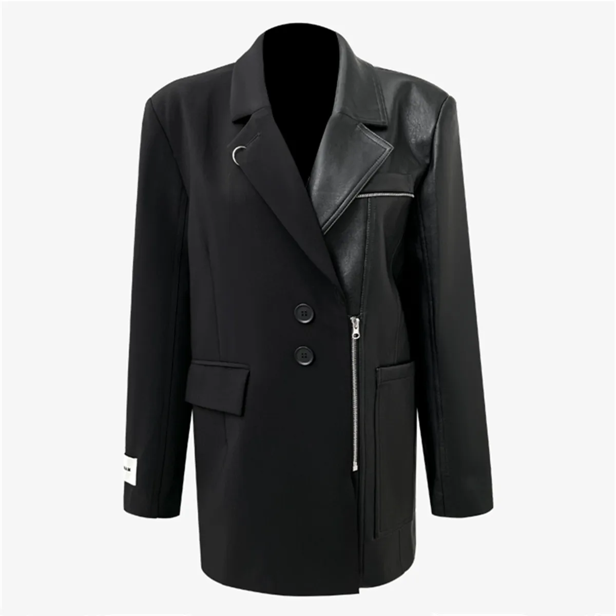 

Женский Длинный блейзер в стиле пэчворк из искусственной кожи, специальный черный блейзер на молнии, пальто, модная женская одежда