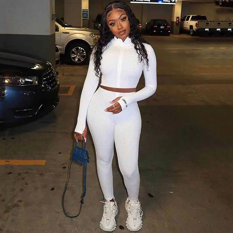 

2020 Autumn Ribbed Tracksuit Set Women Two Piece Outfits Work Out Sweat Suits Crop Top Women Set Fitness Sweatsuit Female