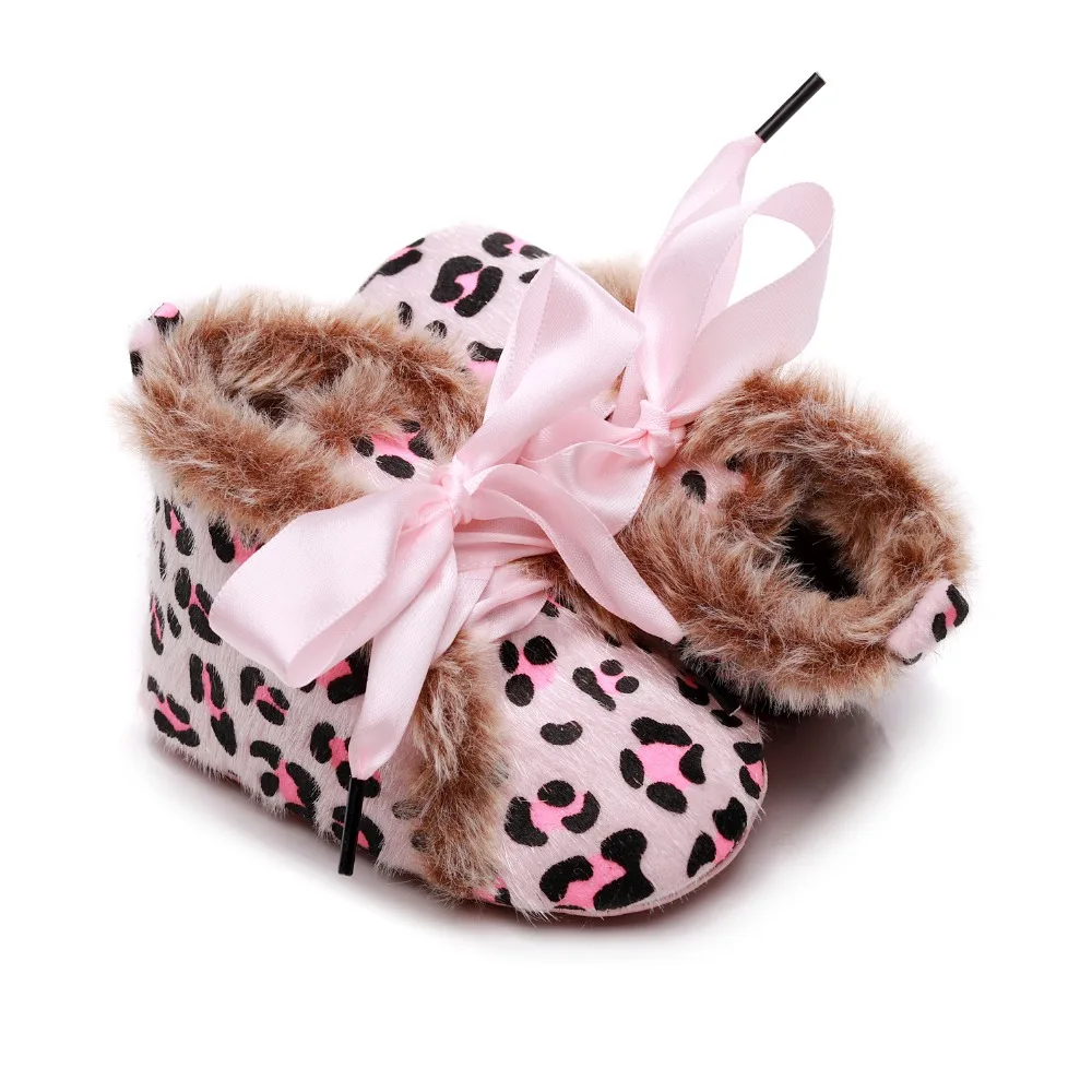 pink leopard Зимняя Теплая обувь из искусственной кожи для маленьких девочек; мягкая обувь на меху на шнуровке; обувь для маленьких мальчиков, начинающих ходить; зимние ботинки для малышей - Цвет: pink leopard