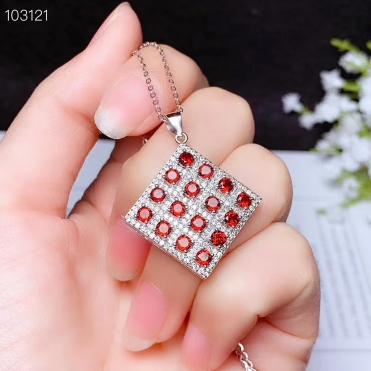 

fashion natural garnet pendant for women silver necklace jewelry square natural gem gift real 925 silver birthstone love gift