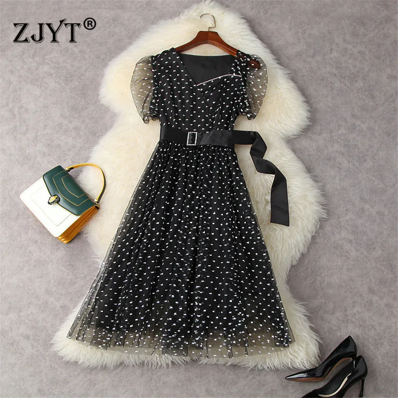 

Elegant Women's Summer Clothing 2021 Fashion Runway Short Sleeve Beading Aline Midi Mesh Dresses for Party Sexy Black Vestidos