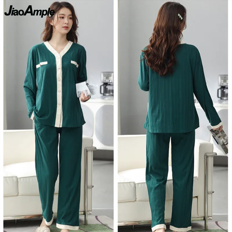 Autumn Winter Cotton Pajamas Women's Solid Long-sleeved Trousers Cardigan Pijamas Two-piece 2022 New V-neck Nightwear Sleepwear