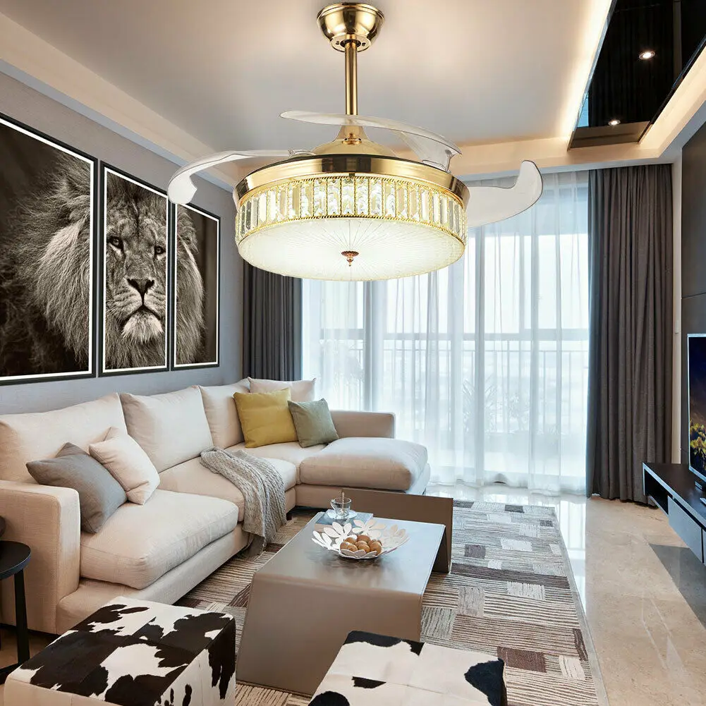 

OUKANING 42 Inch Crystal Ceiling Fan Light 4 Retractable Blades LED Chandelier 3 Speed Settings Remote Lamp for Home Application