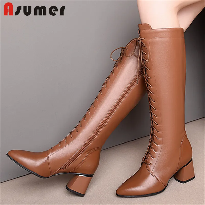 Женские сапоги до колена ASUMER из натуральной кожи с острым носком Осень зима