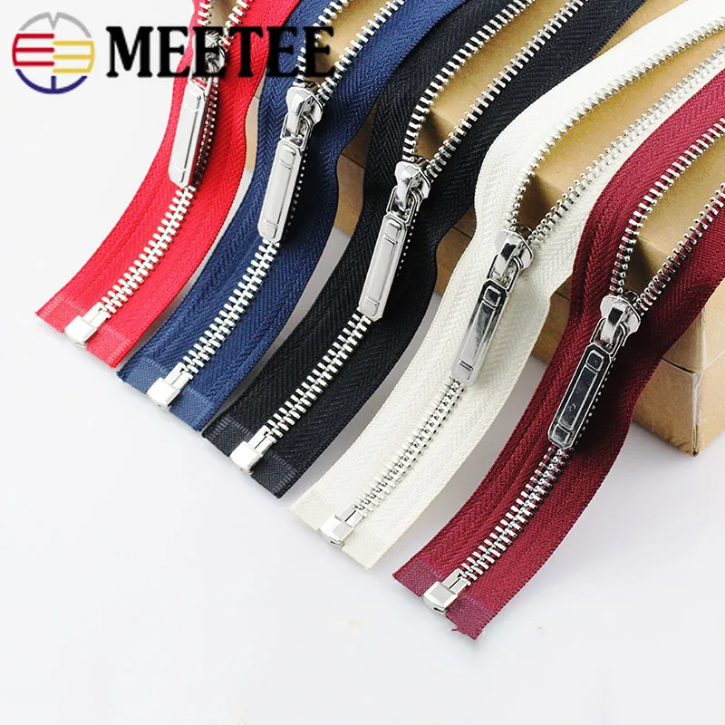 Meetee 1pc 70-150cm 8# Metal Zipper Open-End Auto Lock Single Open Silver Tooth Decor Zip DIY Jacket Coat Textile Accessory |