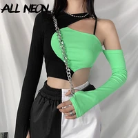 allneon e girl punk style open shoulder hollow out patchwork t shirts fashion o neck long sleeve crop green tops partywear
