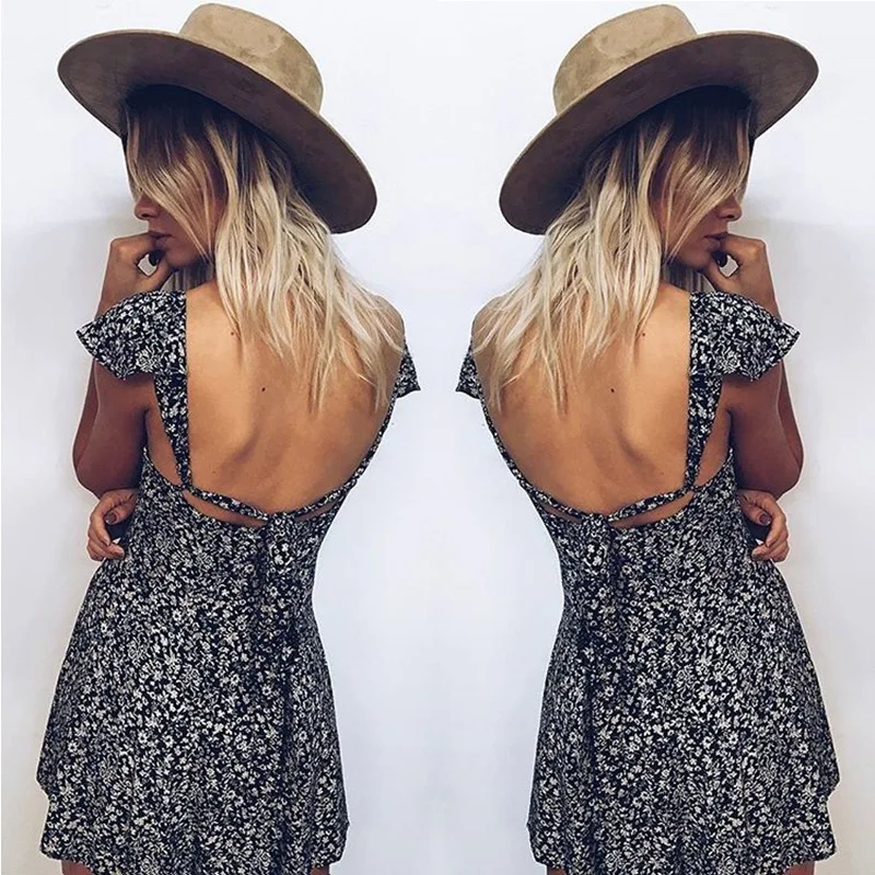 2019 летнее платье с открытой спиной квадратным вырезом милое цветочным рисунком