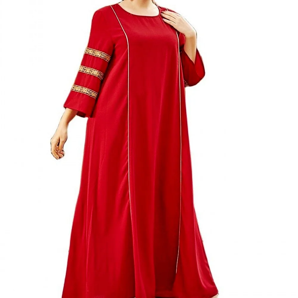 

Gold Thread Embroidery Dress Women's Solid Color Round Neck 3/4 Sleeve Fashion Elegant Fresh High Quality Dress Robe 2021 New