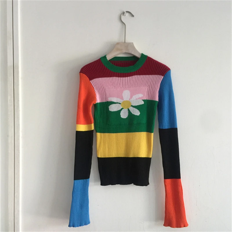 Womens Contrast Striped Crop Sweater Patched Flower Skinny-Fit Crew Neck Long Sleeve Pullover Knit Top Harajuku e-Girl / | Женская