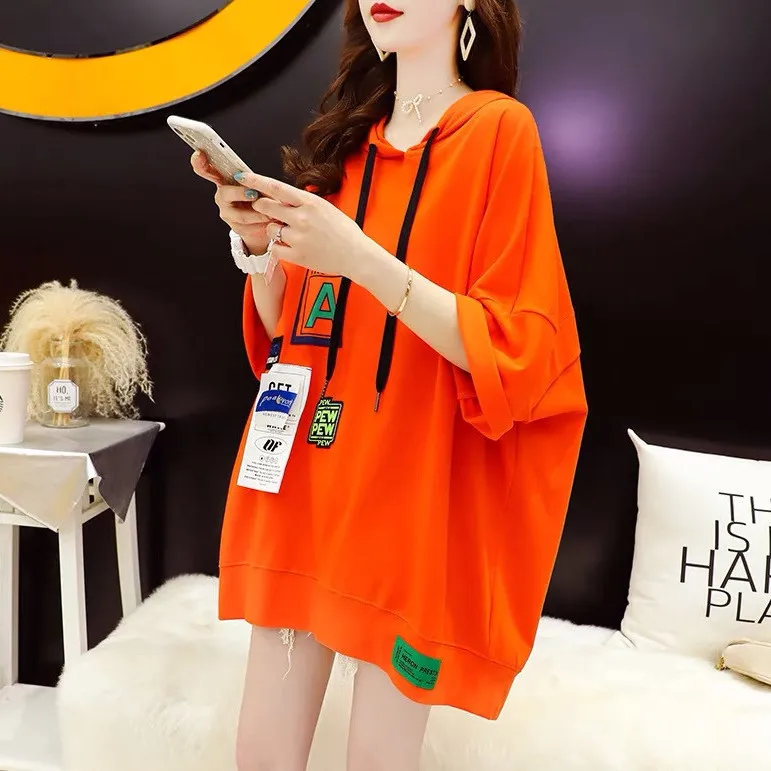 

Футболка с капюшоном и коротким рукавом женская, Новинка лета 2021, Студенческая Корейская версия, свободные женские топы средней длины больш...