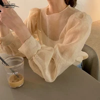 long sleeve womens shirt new mesh top micro penetration tops see through sexy blouse women vintage tops and blouse blusas 14339