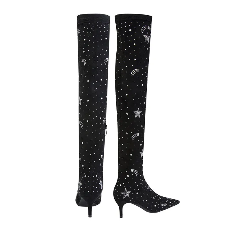

Hjwsfdcai Winter Women Pointed Toe Rhinestone Decor Long Boots Plush Fur Warm Ladies Slim Over The Knee Boots Soft Female Shoes