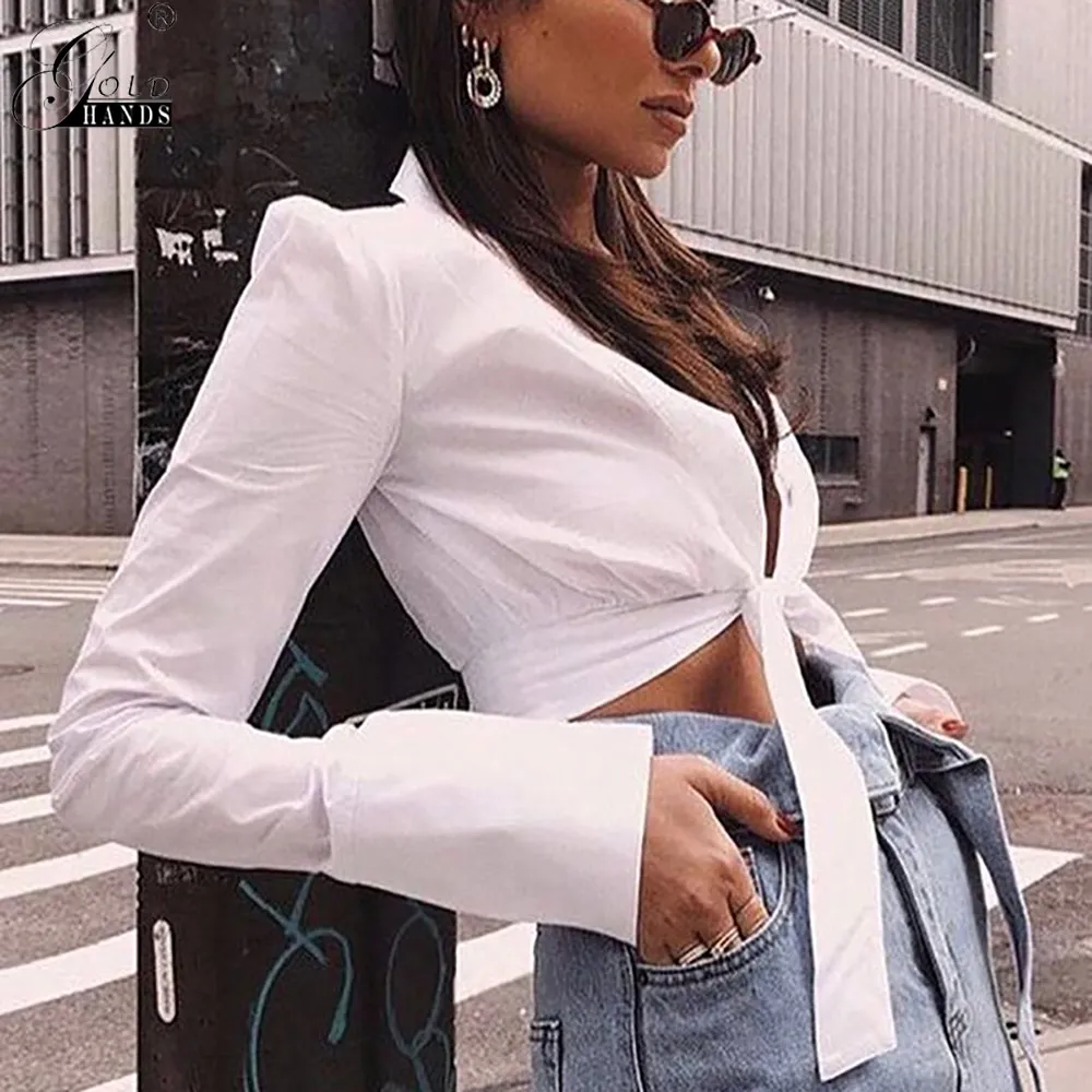 Золотые руки сексуальные белые с длинным рукавом Женские рубашки на шнуровке