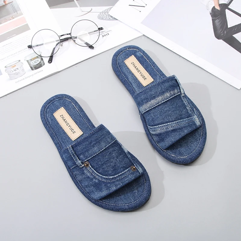 

2022 Womens Denim Jeans Open Toe Flats Slingback Slipper Sandals Shoes Cowboy Summer Beach Size 44 45 46 New 2022