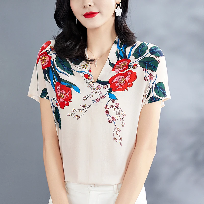 Summer Women Floral Print Shirt Tops Elegant V-neck Short Sleeve Loose Shirts Blouses Office Lady 100% Pure Real Silk Blouse