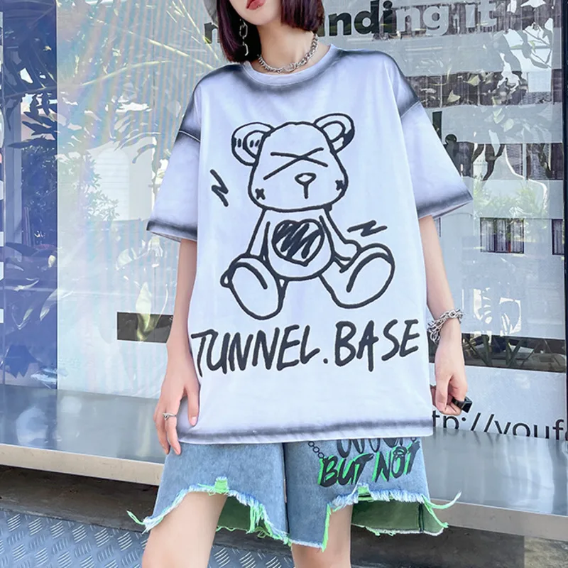 

XUXI Women T-shirt 2021 New Summer Fashion Bear Printing Loose And Thin Streetwear Short-sleeved Top TShirt E2088