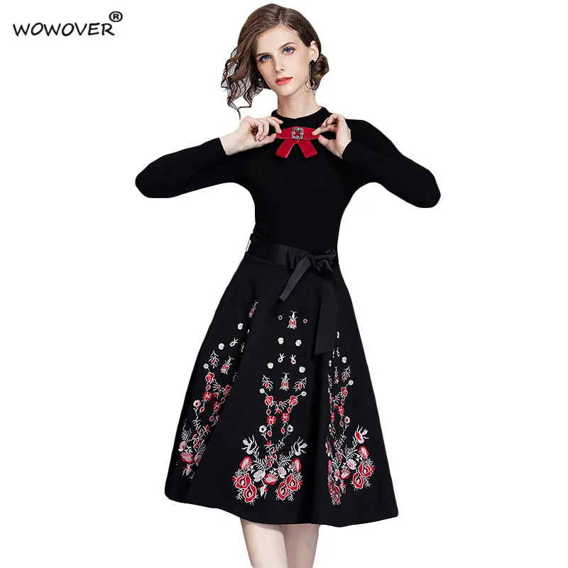 

Bowknot Floral Embroidery Patchwork Women Knitting Sweater Dress for Autumn Winter Long Sleeve Vintage Party Vestidos Black Robe
