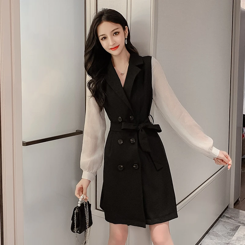 

Женское однобортное платье COIGARSAM, корейское Новое весеннее двубортное черное платье с высокой талией, 3613