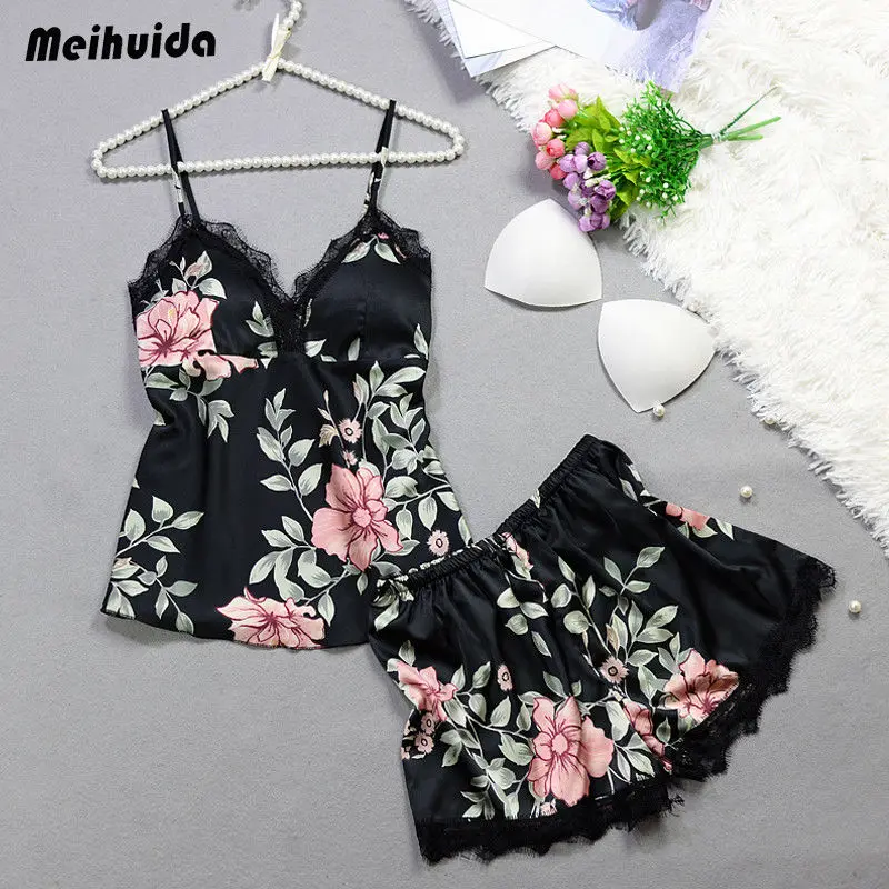 

Womens lace silk satin new design floral print V-neck Sleepwear Satin Silk Babydoll Lace Nightwear Pajamas Set Sleep Wear